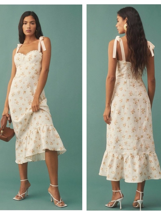 Reformation Dresses & Skirts - NWOT Reformation Vale Ribbon Floral Linen Ruffle Midi Dress Sz 12 Mildred Print